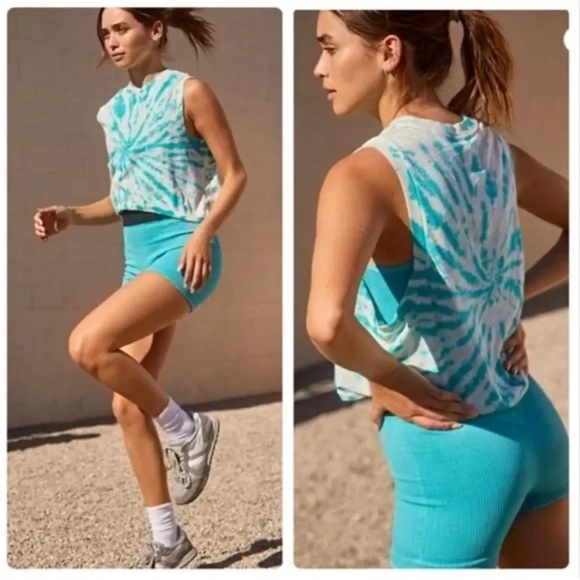 Free People Movement Love Tie Dye Cropped Tank in Turquoise Blue & White - Picture 5 of 10